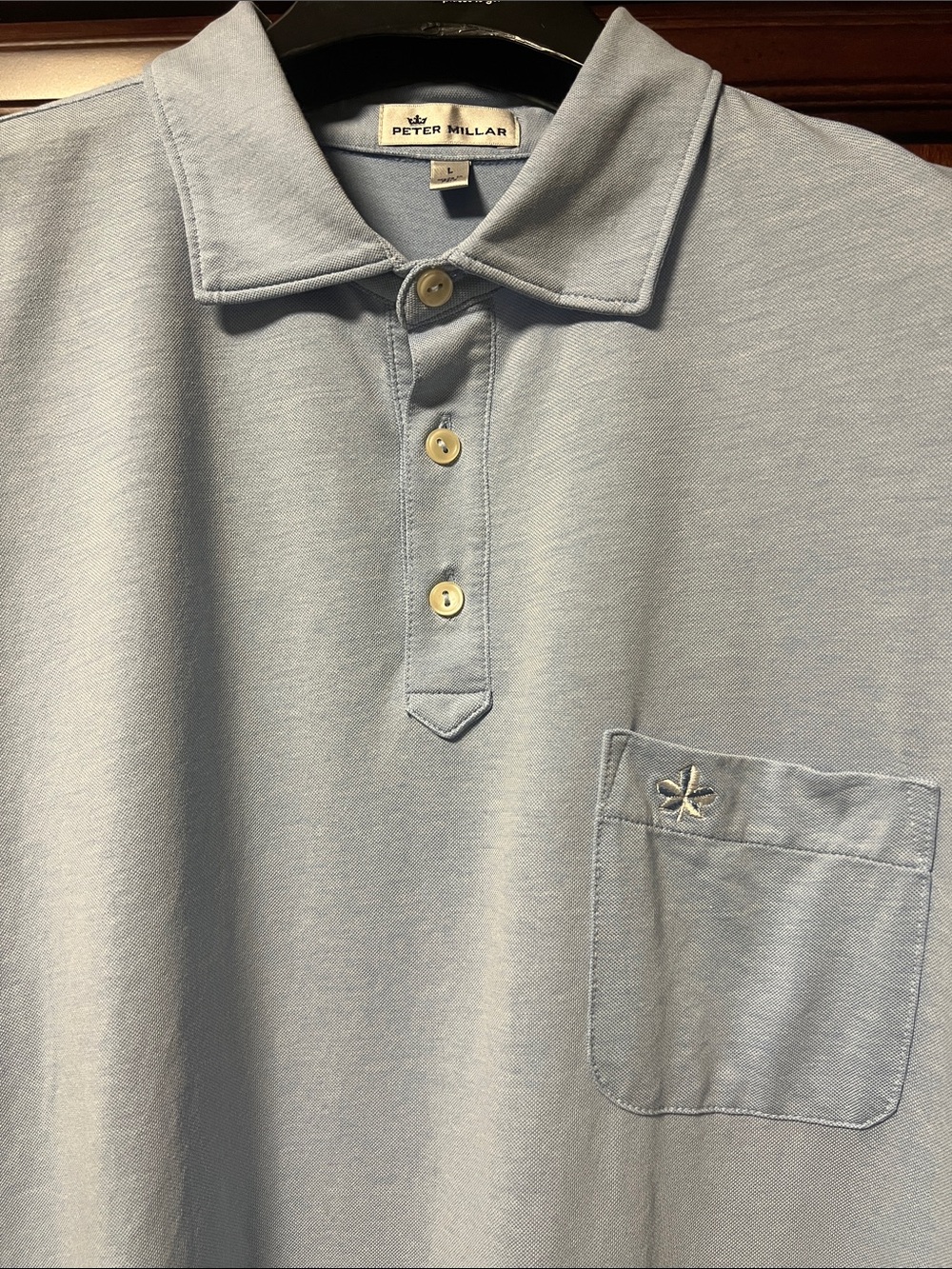 Like New Peter Millar Stretch Golf Polo Shirt Light Blue Gray with Front Pocket!